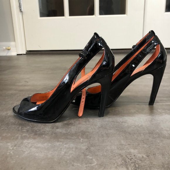 Via Spiga PeepToe Black Patent Leather Strap Pumps - Picture 3 of 4